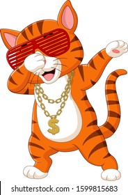 Funny cat dabbing cartoon wearing sunglasses, hat, and gold necklace