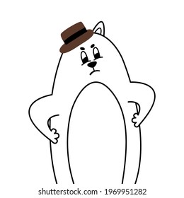 Funny cat dad gets angry. The cat's father frowns, holding his hands to his sides. Beautiful cute comic linear minimalist portrait of a pet. Adult cat in a casual hat. Cool illustration with animal