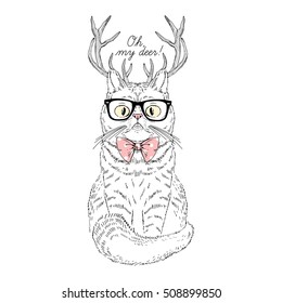 funny cat with deer horns, hand drawn animal illustration