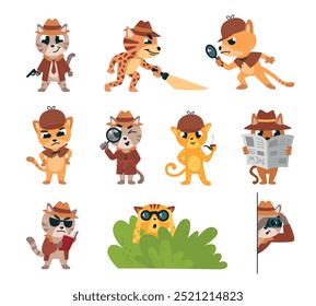 Funny cat detectives. Suspicious cat watches from bushes, investigation crime. Kitten with binoculars and magnifying glass searching, classy vector characters