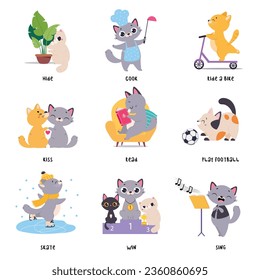 Funny Cat in Different Action as English Verb for Educational Activity Vector Illustration Set