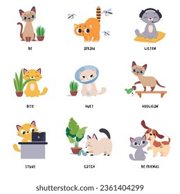 Funny Cat in Different Action as English Verb for Educational Activity Vector Illustration Set