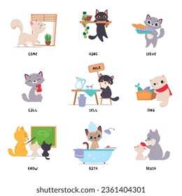 Funny Cat in Different Action as English Verb for Educational Activity Vector Illustration Set