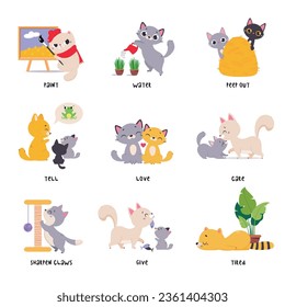 Funny Cat in Different Action as English Verb for Educational Activity Vector Illustration Set