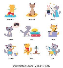 Funny Cat in Different Action as English Verb for Educational Activity Vector Illustration Set