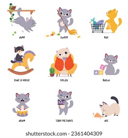 Funny Cat in Different Action as English Verb for Educational Activity Vector Illustration Set