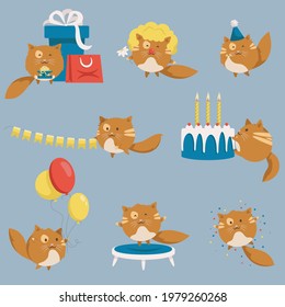 Funny cat with different party attributes. Cute pet in cartoon style