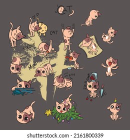 Funny cat in different situations of life in different poses and moods. Vector drawing by hand