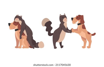 Funny Cat And Dog Best Friend Buddy Up With Each Other Vector Set.