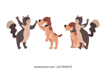 Funny Cat And Dog Best Friend Buddy Up With Each Other Giving High Five With Paw Vector Set