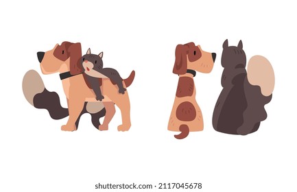 Funny Cat And Dog Best Friend Buddy Up With Each Other Vector Set