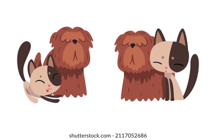 Funny Cat And Dog Best Friend Buddy Up With Each Other Vector Set