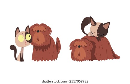 Funny Cat And Dog Best Friend Buddy Up With Each Other Vector Set