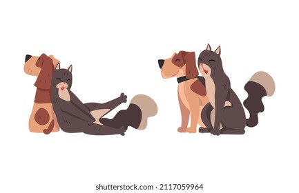 Funny Cat And Dog Best Friend Buddy Up With Each Other Vector Set