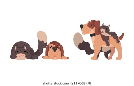 Funny Cat And Dog Best Friend Buddy Up With Each Other Vector Set