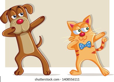 Funny Cat and Dog Dabbing Cartoon Vector. Adorable pets dancing and celebrating friendship
