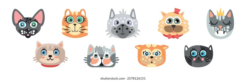 Funny Cat and Dog Muzzle and Smiling Snout Vector Set