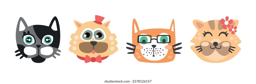 Funny Cat and Dog Muzzle and Smiling Snout Vector Set