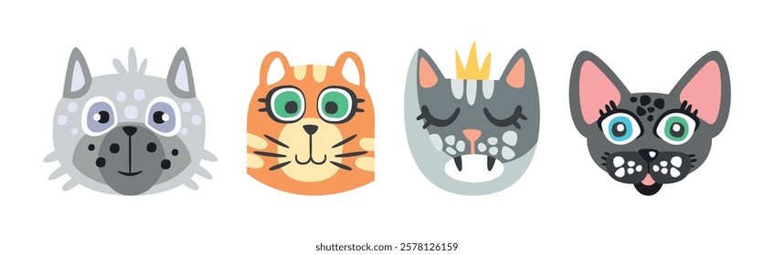 Funny Cat and Dog Muzzle and Smiling Snout Vector Set