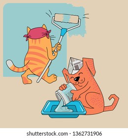 Funny cat and dog painting the wall. Home repair. Vector illustration for card, poster, web design and children's book