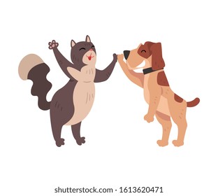 Funny Cat and Dog Together Giving High Five to Each Other, Happy Pets Animals Characters are Best Friends Vector illustration