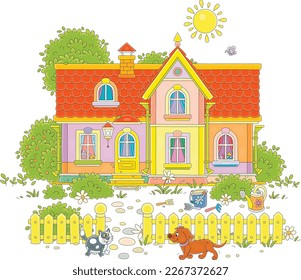 Funny cat and dog walking around a pretty country house and a small courtyard with a fence, trees and bushes on a sunny summer day, vector cartoon illustration isolated on a white background