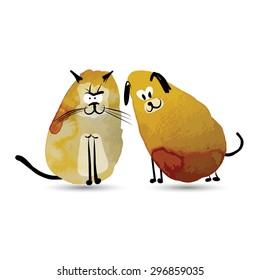 Funny cat and dog. Watercolor sketch for your design. Vector illustration