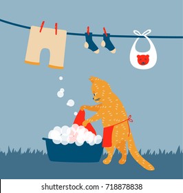 Funny cat doing laundry as a housewife. Housework illustration for washing and hanging clothes for drying on clothesline. Vector cartoon. 