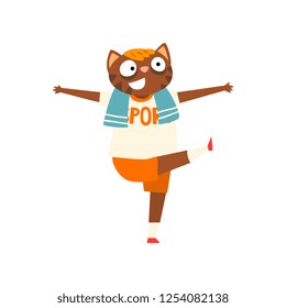 Funny cat doing morning exercises, humanized animal cartoon character vector Illustration on a white background