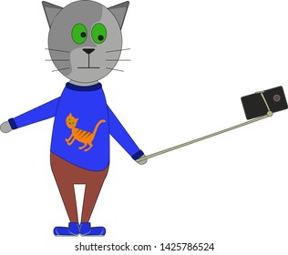 Funny cat doing a selfie. Vector isolated image of funny cat with phone