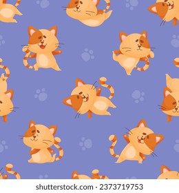 Funny Cat Domestic Pet Do Yoga Vector Seamless Pattern