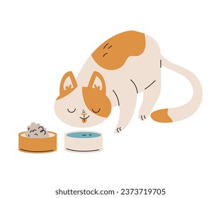 Funny Cat Domestic Pet with Pretty Snout Eat from Feed Bowl Vector Illustration