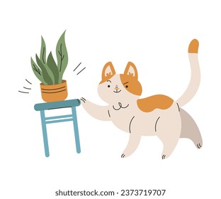 Funny Cat Domestic Pet with Pretty Snout Push Chair with Houseplant in Pot Vector Illustration