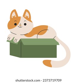 Funny Cat Domestic Pet with Pretty Snout Sit in Cardboard Box Vector Illustration