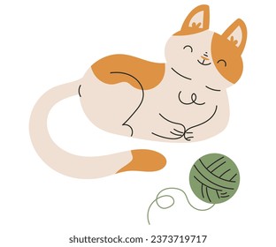 Funny Cat Domestic Pet with Pretty Snout Sit with Yarn Ball Vector Illustration