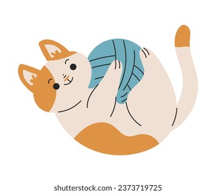 Funny Cat Domestic Pet with Pretty Snout Playing with Yarn Ball Vector Illustration