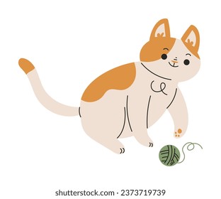 Funny Cat Domestic Pet with Pretty Snout Playing with Yarn Ball Vector Illustration