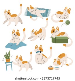 Funny Cat Domestic Pet with Pretty Snout Engaged in Different Activity Vector Set