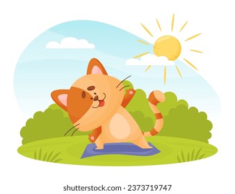 Funny Cat Domestic Pet Stand in Yoga Pose on Mat in the Yard Vector Illustration