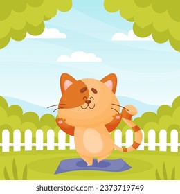 Funny Cat Domestic Pet Stand in Yoga Pose on Mat in the Yard Vector Illustration