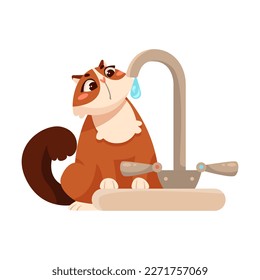 Funny Cat Domestic Pet Watching Water Drop from Tap Vector Illustration