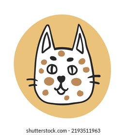 Funny cat doodle avatar art.Cute hand drawn simple kitty head vector illustration witn spotted face. Adorable stylish kids print  stationary, pet shop, vet logo, symbol, emblem, icon, label, pictogram