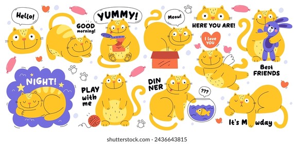 Funny cat doodle characters with positive emotions and facial expressions communication message stickers and greeting text set. Cute kitten comic mascot smiling, fooling around vector illustration