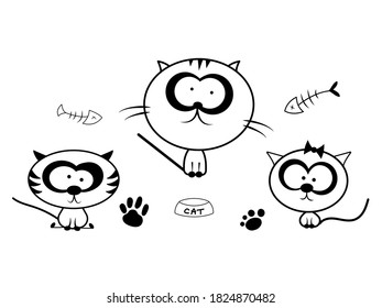 Doodles de gatos divertidos puestos en negro sobre fondo blanco
