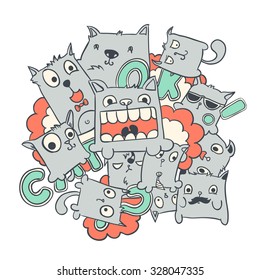Funny cat doodles, vector illustration. 