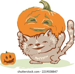 Die lustige Katze zieht zu Halloween einen riesigen Kürbis.