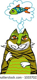 Funny cat dreaming of fish. vector