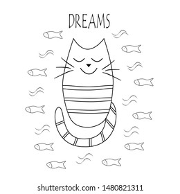 funny Cat dreams of fish. Vector outline cat and fish.
