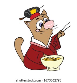 Funny cat in a dressing gown eats noodles with chopsticks.Vector illustration.Form for banners and postcards. 