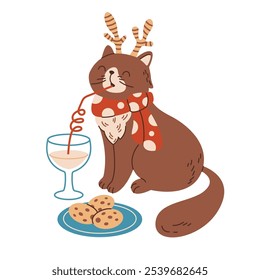 Funny cat drinking milk cocktail with cookies flat color vector character. Pet with holiday antlers headband illustration on white background